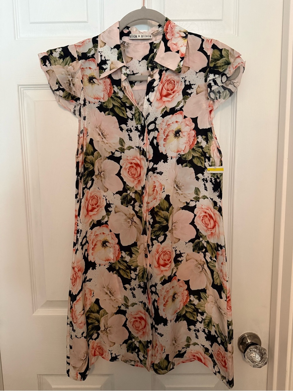 Alice + Olivia Pink & Black Floral Button-Front Dress Size XS NWT